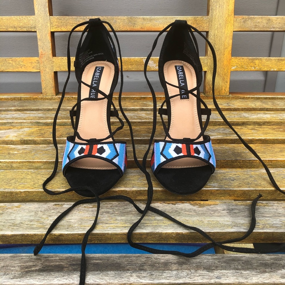 Embroidery high heels with long shoe laces